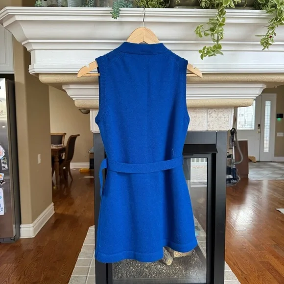Vintage Retro Blue Cable Knit Belted Sweater Vest Wool Royal Blue - Picture 6 of 6